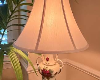 Vintage Hand-Painted Porcelain Lamp with Floral Motif and Handles