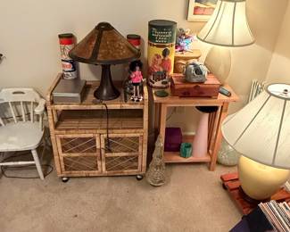 Vintage Wicker and Rattan Side Table with Lamps