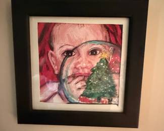 Framed Painting of a Baby's Face with a Christmas Tree