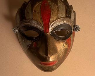 Vintage Brass Mask with Painted Accents, Possibly Indian or Theatrical