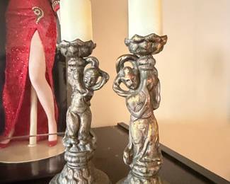 Pair of Gilded Bronze Cherub Candlesticks