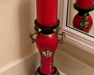 Red Ceramic Candle Holder with Fu Character