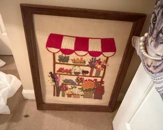 Framed Floral Stall Crewel Embroidery Art