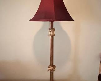 Ornate Giltwood Candlestick Table Lamp with Burgundy Shade