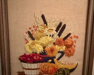 Vintage Crewel Embroidery Floral Still Life with Autumnal Elements