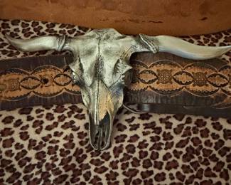 Silver-Plated Longhorn Skull Wall Decor with Tooled Leather Strap