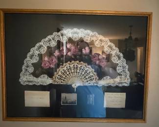 Framed Victorian Lace Fan with Ephemera