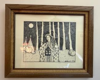 Woman with Lantern and Pumpkins Limited Edition Print by Helen K. Donnell