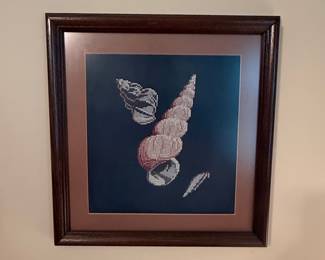 Framed Seashell and Butterfly Cross-Stitch Art