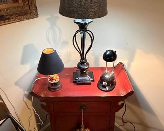 Oriental Style Red Lacquer Side Table with Three Lamps (including Santa novelty lamp)
