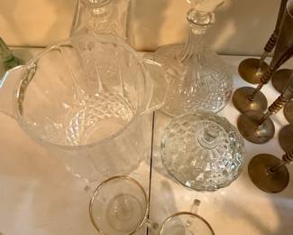 Crystal Decanter, Pitcher, and Gold Rimmed Glasses Set