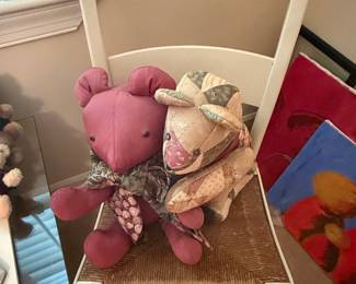Vintage Teddy Bear and Quilted Memory Bear Set on Rush Seat Chair
