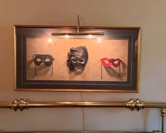 Framed Collection of Three Venetian Masks with Picture Light