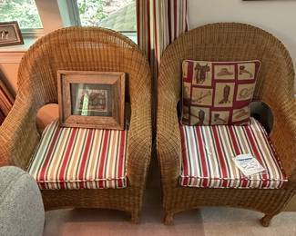 Wicker Armchairs with Striped Cushions