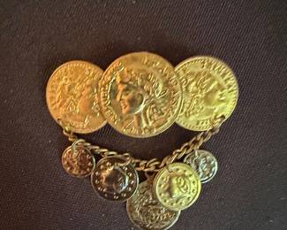 Vintage Gold Tone Roman Coin Brooch with Chain Dangles