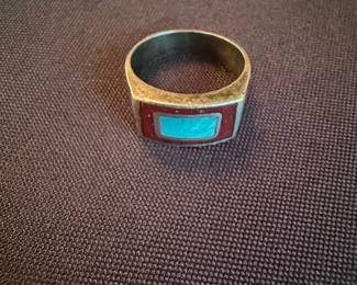 Native American Turquoise and Red Stone Signet Ring
