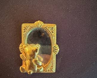 JJ Jonette Gold-Tone Teddy Bear with Mirror Brooch