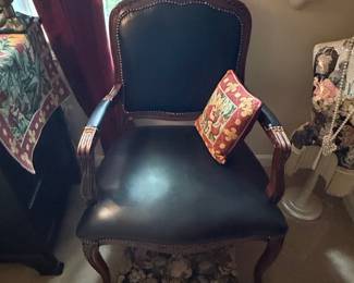 Louis XV Style Carved Walnut and Black Leather Armchair