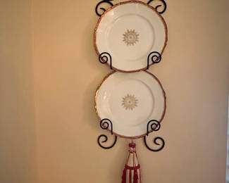 Vintage Wrought Iron Plate Hanger with Decorative Plates and Tassel