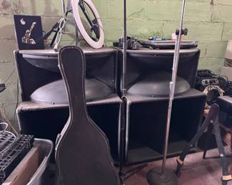 R U READY TO ROCK? All this vintage band stuff is. Big speakers, mic stands, guitar case, etc. 