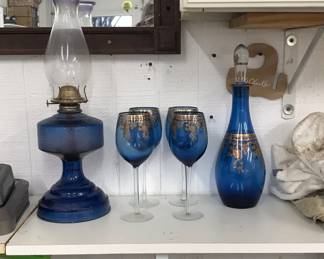 Blue decanter set and lamp