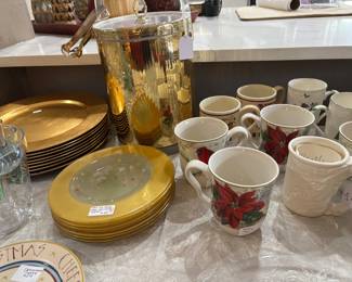 Chargers, ice bucket, Christmas plates, mugs