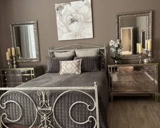 Bed with mirrored Hollywood Regency Chests