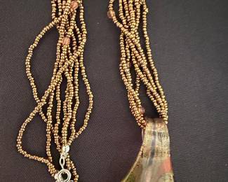 Multi-Strand Metallic Seed Bead and Art Glass Pendant Necklace