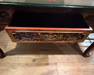 Antique Chinese Carved Rosewood Coffee Table with Black Lacquer Top