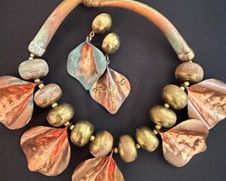 Vintage Artisan Mixed Metal Leaf Motif Necklace and Earring Set