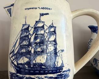 Vintage "Lagoda" Whaleship Blue Delft Style Pitcher