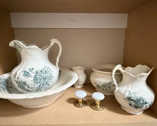 Victorian Wash Basin and Pitcher Set with Vases and Drawer Pulls - Buffalo Pottery Chrysanthemum Pattern