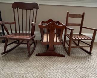 Vintage Child's Wooden Rocking Chair and Cradle Set