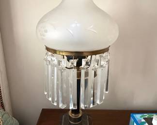 Antique Astral Lamp with Frosted Glass Shade and Crystal Prisms