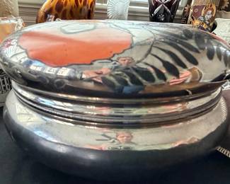 Vintage Silver-Plated Vanity Powder Jar with Enameled Poppy Lid