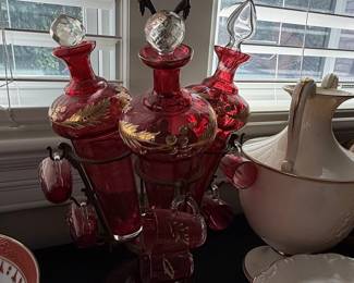 Victorian Bohemian Cranberry Glass Cordial Decanter Set with Gilt Floral Motifs