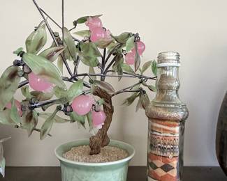 Vintage Glass and Jade Bonsai Tree with Pink "Peaches" in Celadon Pot
