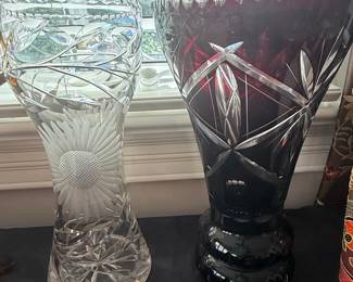 Pair of Bohemian Cut Crystal Vases - Sunflower and Ruby Cut to Clear