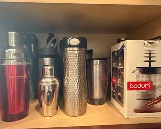 Johnnie Walker "Keep Walking" Cocktail Shaker, Bodum Latteo Milk Frother, and Hammered Finish Travel Mug