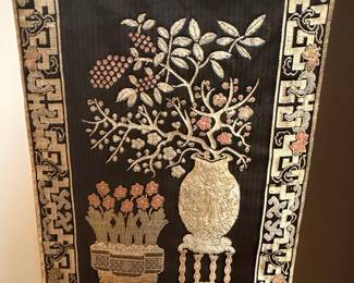 Vintage Chinese Silk Embroidered Floral Wall Hanging with Greek Key Border