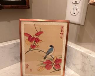 Chinese Bird and Red Leaf Painting on Silk in Copper Frame