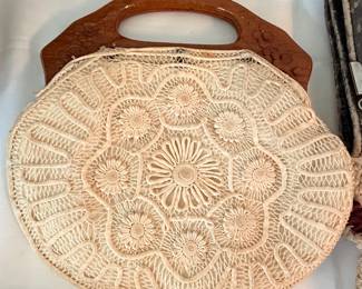 Vintage 1970s Crochet Flower Handbag with Wooden Handles