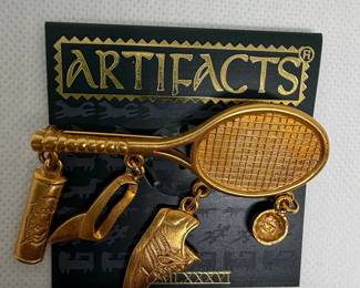 Vintage Jonette Jewelry (JJ) 'Artifacts' 1986 Tennis Brooch with Charms
