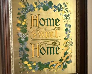 Antique Reverse Glass "Home Sweet Home" Painting with Floral Wreath