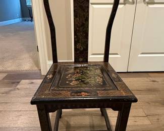 Vintage Chinese Chinoiserie Black Lacquer Side Chair