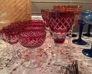 Vintage Cranberry Cut-to-Clear Crystal Stemware - Annahütte Diamond Pattern
