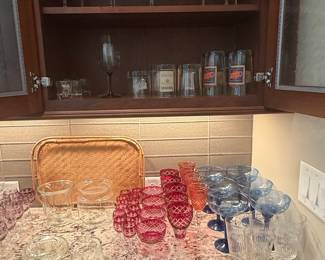 Vintage Cranberry Cut-to-Clear Crystal Stemware Set and Blue Stemware
