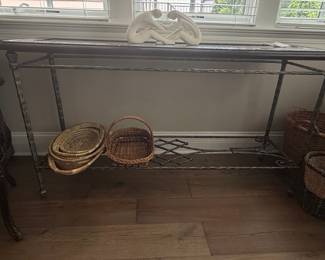 Hammered Forged Metal Wrought Iron Base Glass Top Console Table in the style of Giacometti