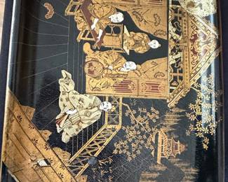 Antique Japanese Black Lacquer Tray with Gold Maki-e Figures