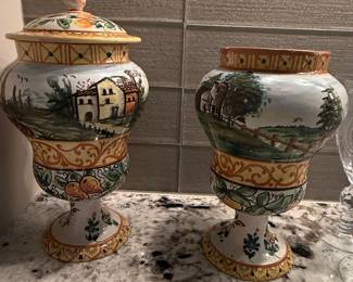 Pair of Italian Hand-Painted Majolica Albarello Urns